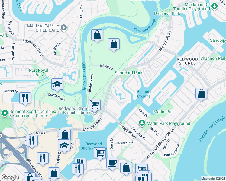 map of restaurants, bars, coffee shops, grocery stores, and more near 206 Shorebird Circle in Redwood City
