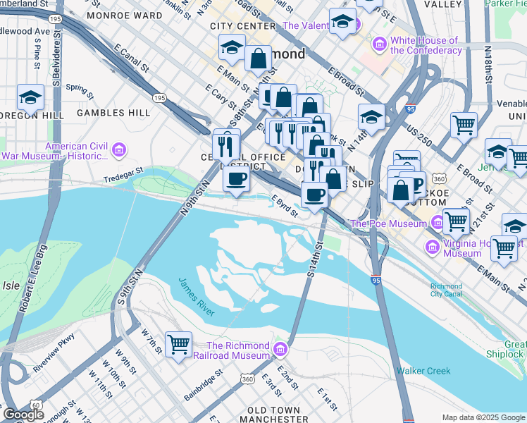 map of restaurants, bars, coffee shops, grocery stores, and more near 1101 Haxall Point in Richmond