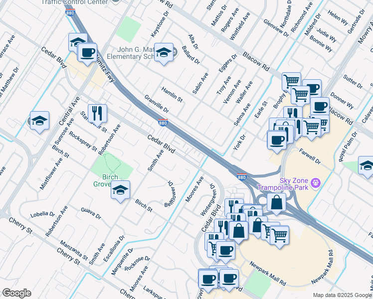 map of restaurants, bars, coffee shops, grocery stores, and more near 38468 Cedar Boulevard in Newark