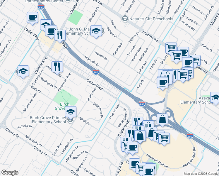 map of restaurants, bars, coffee shops, grocery stores, and more near 38468 Cedar Boulevard in Newark