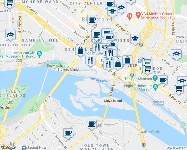 map of restaurants, bars, coffee shops, grocery stores, and more near 1101 Haxall Point in Richmond