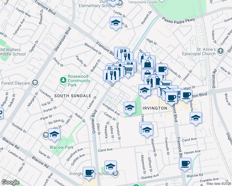 map of restaurants, bars, coffee shops, grocery stores, and more near 4109 Broadmoor Common in Fremont