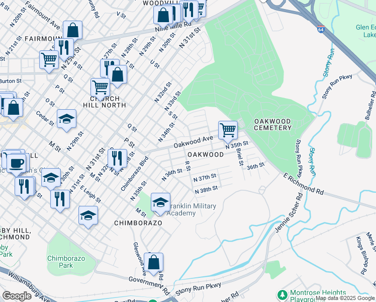 map of restaurants, bars, coffee shops, grocery stores, and more near 3418 R Street in Richmond