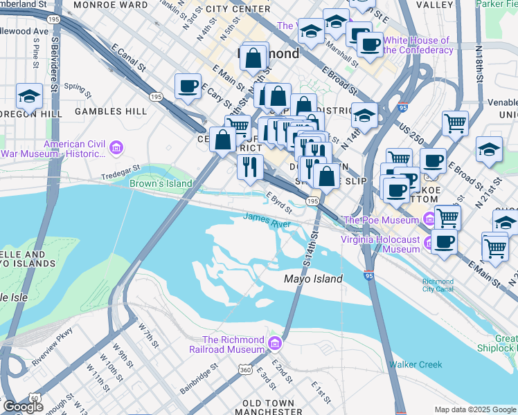 map of restaurants, bars, coffee shops, grocery stores, and more near 1101 Haxall Point in Richmond