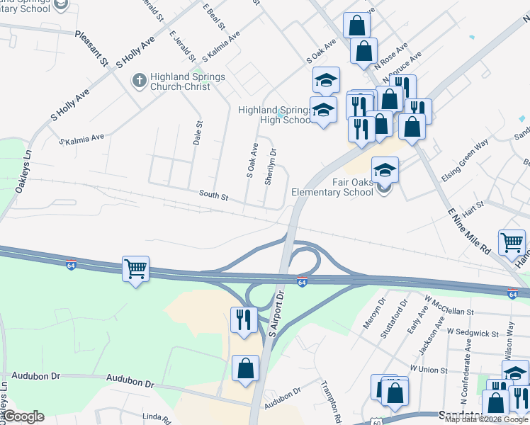 map of restaurants, bars, coffee shops, grocery stores, and more near 609 South Street in Highland Springs
