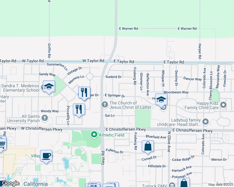 map of restaurants, bars, coffee shops, grocery stores, and more near 4403 Capurso Drive in Turlock