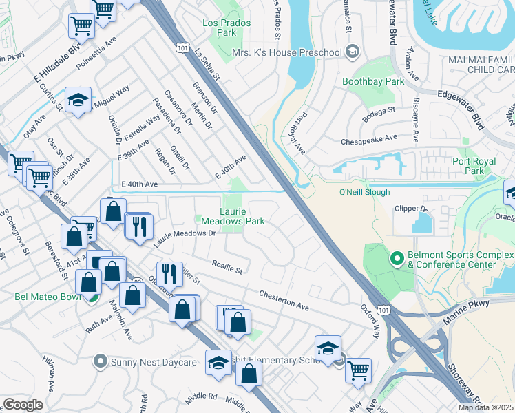 map of restaurants, bars, coffee shops, grocery stores, and more near 1120 Ramblewood Way in San Mateo