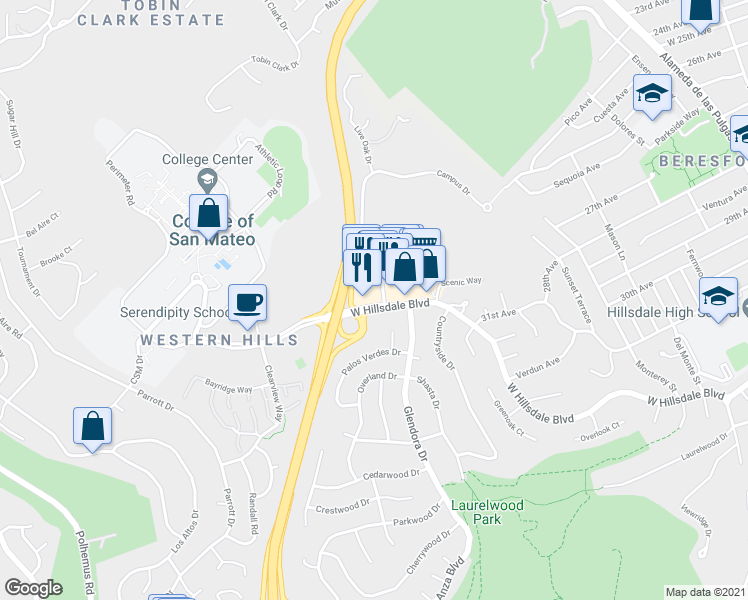 map of restaurants, bars, coffee shops, grocery stores, and more near 1400 West Hillsdale Boulevard in San Mateo