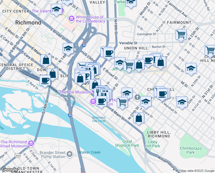 map of restaurants, bars, coffee shops, grocery stores, and more near 2001 East Grace Street in Richmond