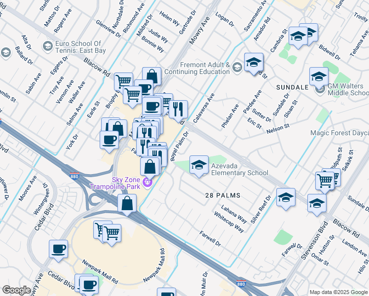map of restaurants, bars, coffee shops, grocery stores, and more near 5033 Blacksand Road in Fremont