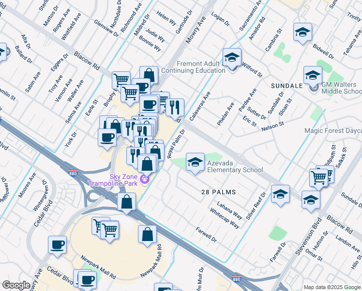 map of restaurants, bars, coffee shops, grocery stores, and more near 5033 Blacksand Road in Fremont