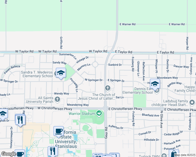 map of restaurants, bars, coffee shops, grocery stores, and more near 177 West Springer Drive in Turlock