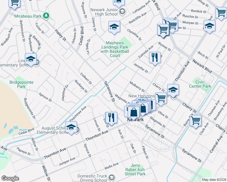 map of restaurants, bars, coffee shops, grocery stores, and more near 36640 Magnolia Street in Newark