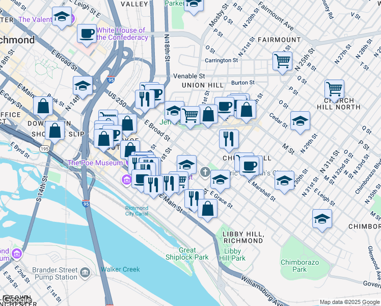 map of restaurants, bars, coffee shops, grocery stores, and more near in Richmond