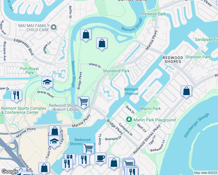map of restaurants, bars, coffee shops, grocery stores, and more near 536 Shorebird Circle in Redwood City