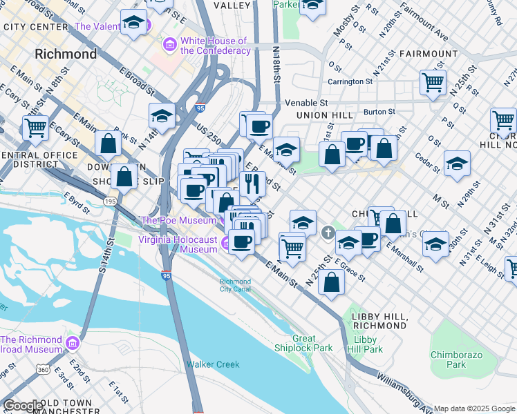 map of restaurants, bars, coffee shops, grocery stores, and more near 2001 East Grace Street in Richmond