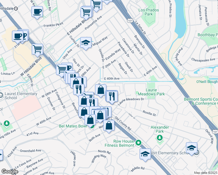 map of restaurants, bars, coffee shops, grocery stores, and more near 4158 George Avenue in San Mateo