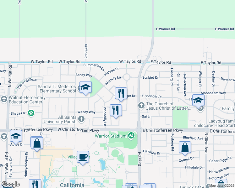 map of restaurants, bars, coffee shops, grocery stores, and more near 287 West Springer Drive in Turlock