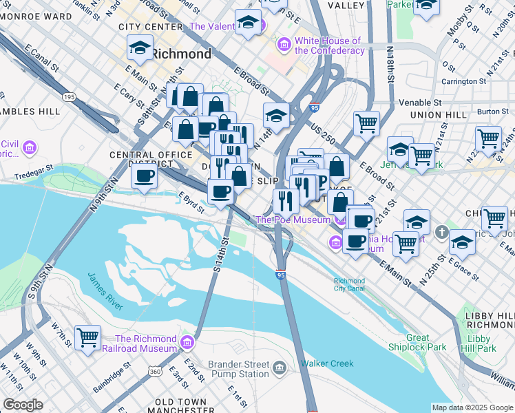map of restaurants, bars, coffee shops, grocery stores, and more near 115 South 15th Street in Richmond