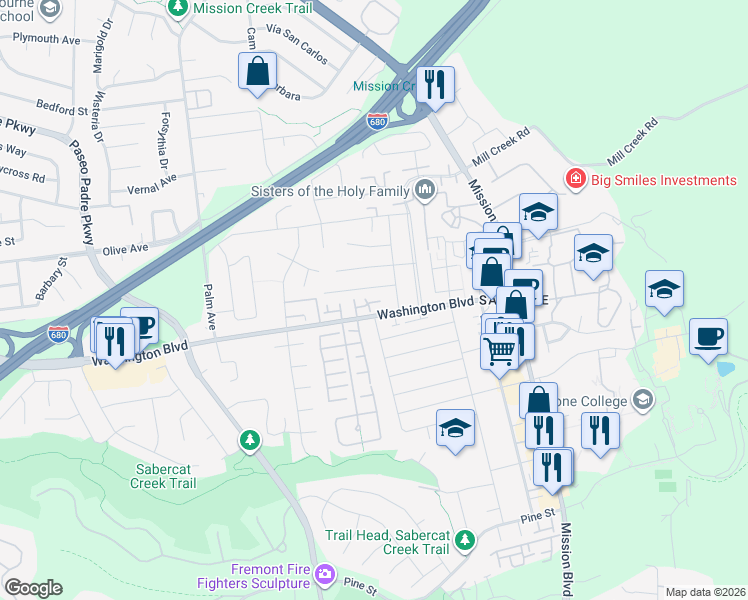 map of restaurants, bars, coffee shops, grocery stores, and more near 493 Washington Boulevard in Fremont