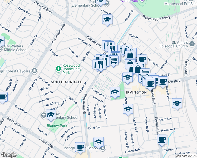 map of restaurants, bars, coffee shops, grocery stores, and more near 40749 Grimmer Boulevard in Fremont