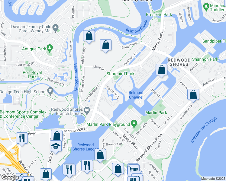 map of restaurants, bars, coffee shops, grocery stores, and more near 536 Shorebird Circle in Redwood City