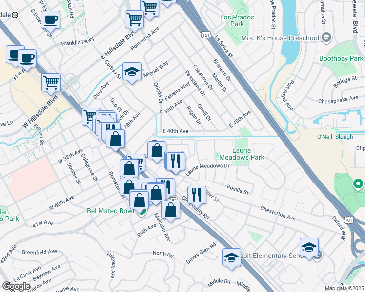 map of restaurants, bars, coffee shops, grocery stores, and more near 4158 George Avenue in San Mateo