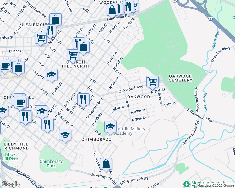 map of restaurants, bars, coffee shops, grocery stores, and more near 1203 1/2 Oakwood Avenue in Richmond