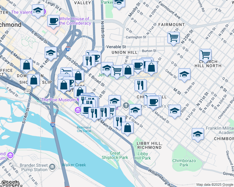 map of restaurants, bars, coffee shops, grocery stores, and more near in Richmond