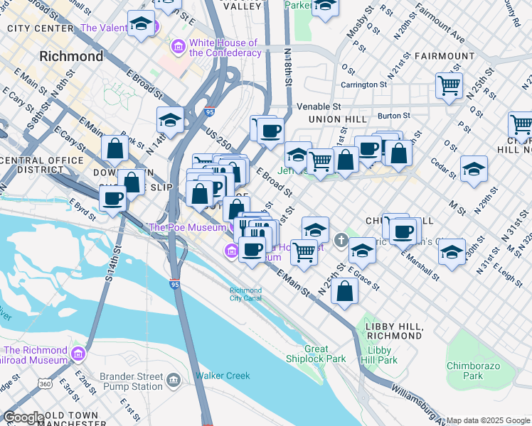 map of restaurants, bars, coffee shops, grocery stores, and more near 2001 East Grace Street in Richmond