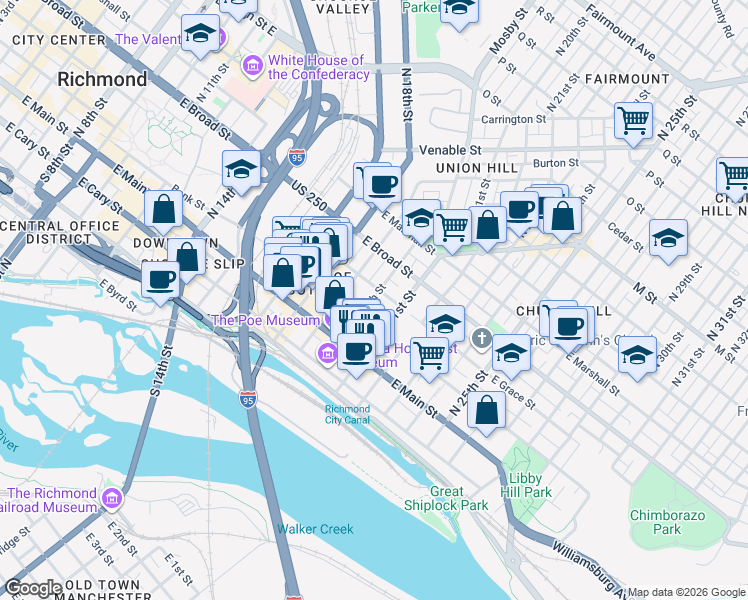 map of restaurants, bars, coffee shops, grocery stores, and more near 2001 East Grace Street in Richmond