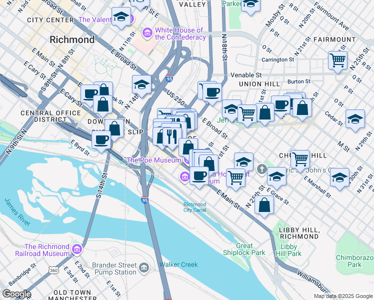 map of restaurants, bars, coffee shops, grocery stores, and more near 1900 East Franklin Street in Richmond