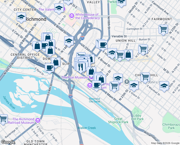 map of restaurants, bars, coffee shops, grocery stores, and more near 1810 East Main Street in Richmond