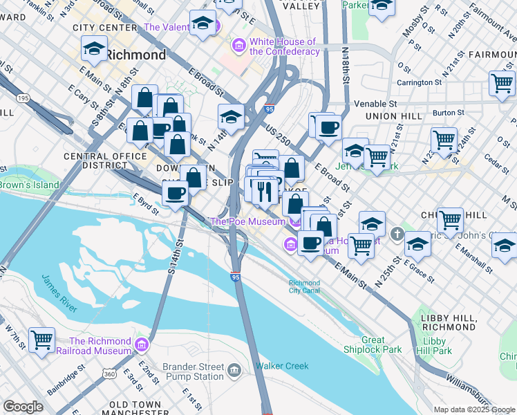 map of restaurants, bars, coffee shops, grocery stores, and more near 1711 East Main Street in Richmond
