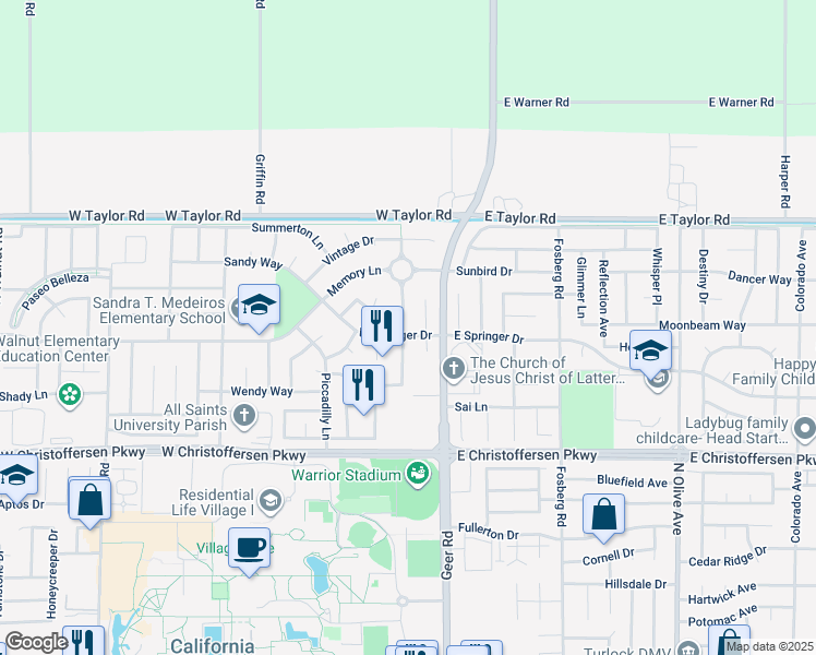 map of restaurants, bars, coffee shops, grocery stores, and more near 197 West Springer Drive in Turlock