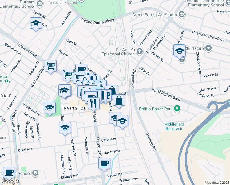 map of restaurants, bars, coffee shops, grocery stores, and more near 3741 Washington Boulevard in Fremont