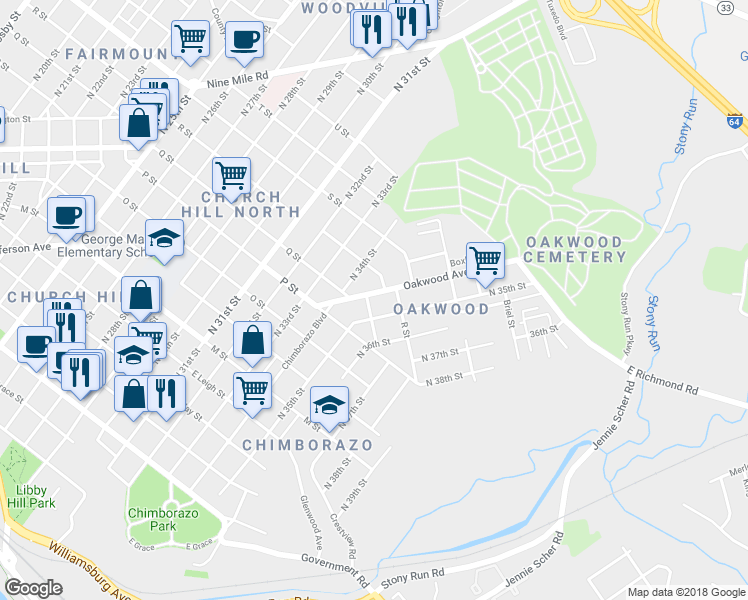 map of restaurants, bars, coffee shops, grocery stores, and more near 1203 1/2 Oakwood Avenue in Richmond