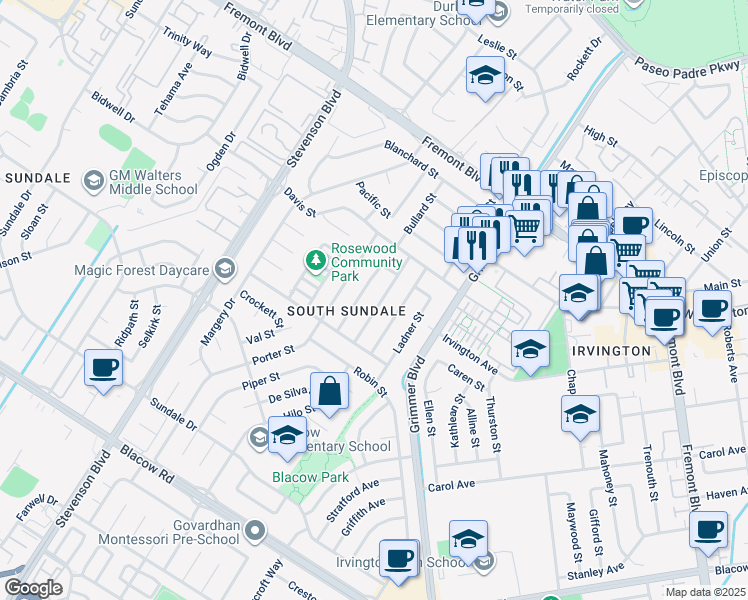 map of restaurants, bars, coffee shops, grocery stores, and more near 4421 Cahill Street in Fremont