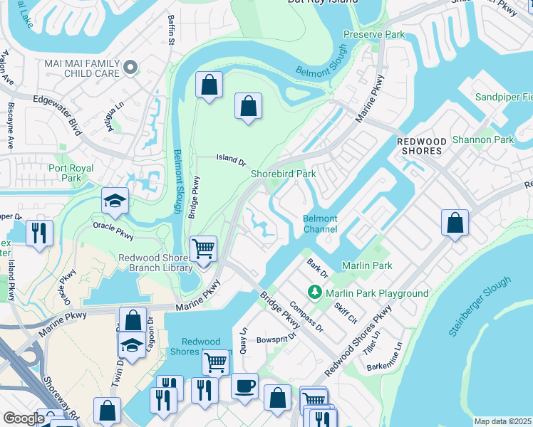 map of restaurants, bars, coffee shops, grocery stores, and more near 536 Shorebird Circle in Redwood City