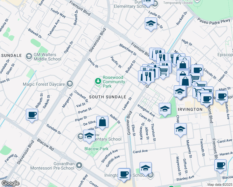 map of restaurants, bars, coffee shops, grocery stores, and more near 4421 Cahill Street in Fremont