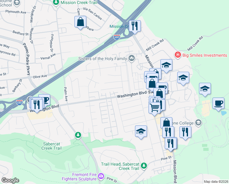 map of restaurants, bars, coffee shops, grocery stores, and more near 493 Washington Boulevard in Fremont