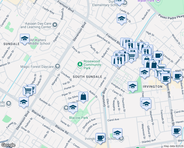 map of restaurants, bars, coffee shops, grocery stores, and more near 4412 Millard Avenue in Fremont
