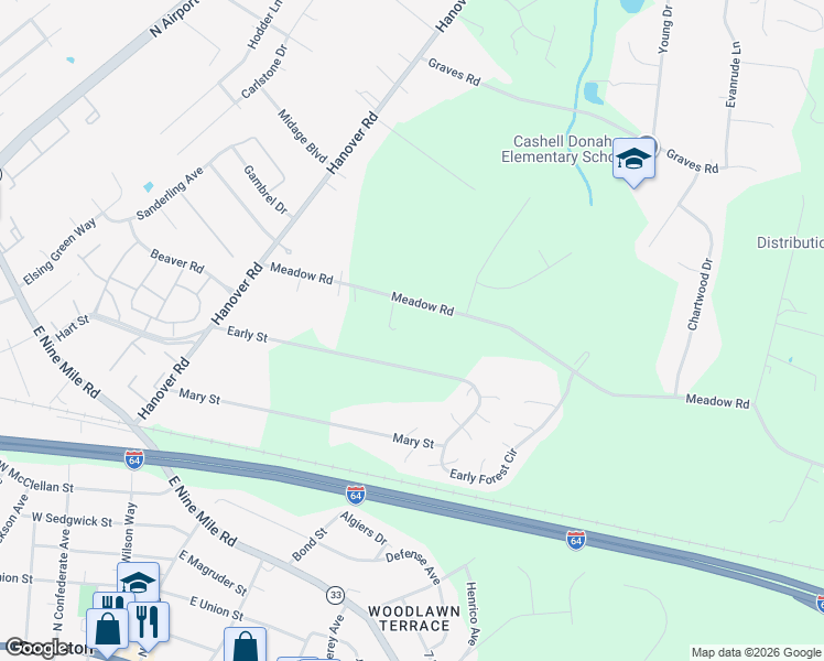 map of restaurants, bars, coffee shops, grocery stores, and more near 1665 Meadow Road in Sandston
