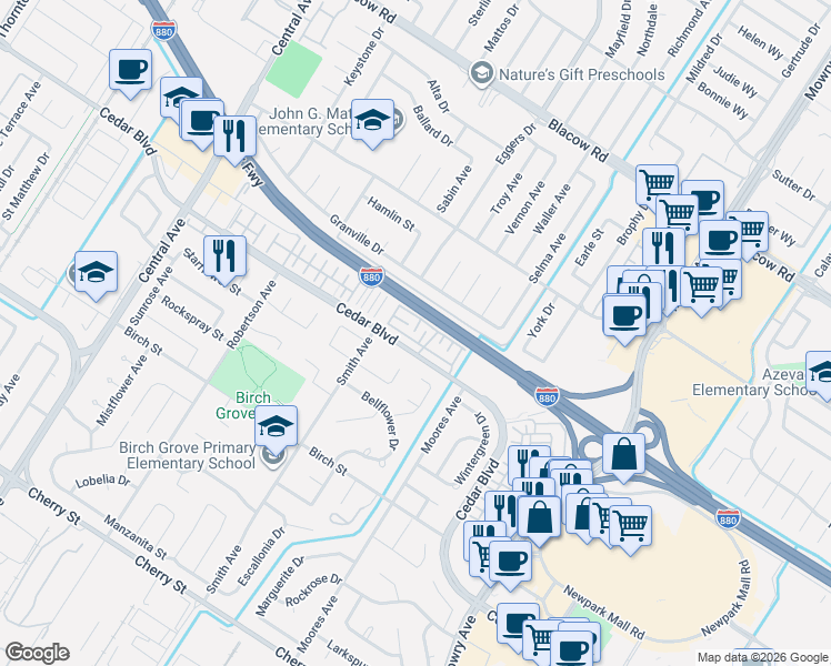 map of restaurants, bars, coffee shops, grocery stores, and more near 38403 Amaranto Street in Newark