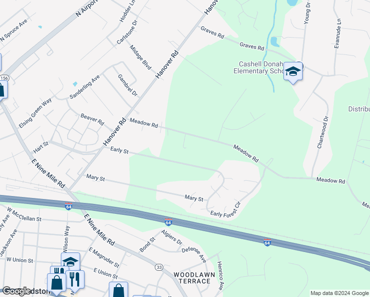 map of restaurants, bars, coffee shops, grocery stores, and more near 1665 Meadow Road in Sandston