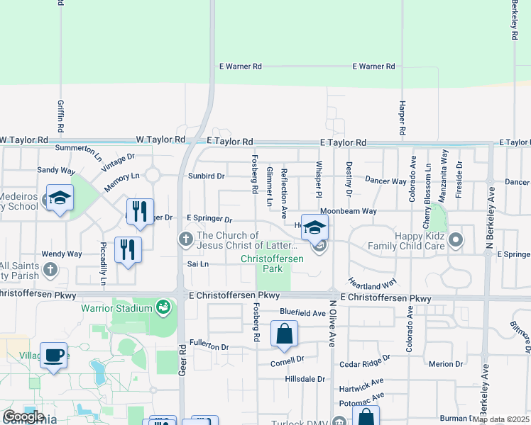 map of restaurants, bars, coffee shops, grocery stores, and more near 4401 Glimmer Lane in Turlock