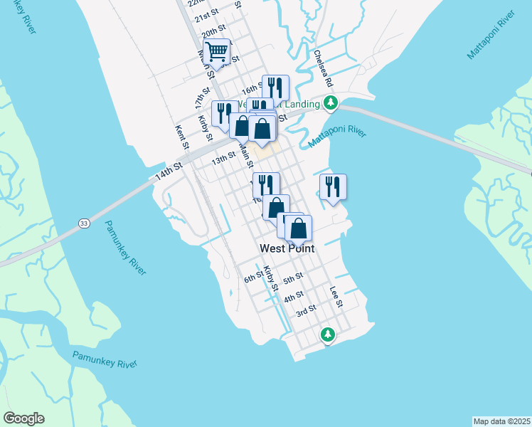 map of restaurants, bars, coffee shops, grocery stores, and more near 905 9th Street in West Point