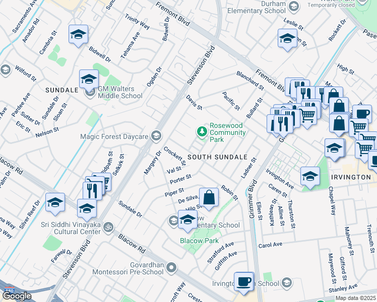 map of restaurants, bars, coffee shops, grocery stores, and more near Laiolo Road & Keepsake Rose Common in Fremont
