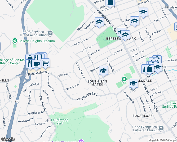 map of restaurants, bars, coffee shops, grocery stores, and more near 2929 Monterey Street in San Mateo