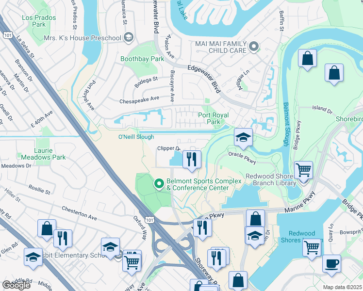 map of restaurants, bars, coffee shops, grocery stores, and more near 321 Treasure Island Drive in Belmont